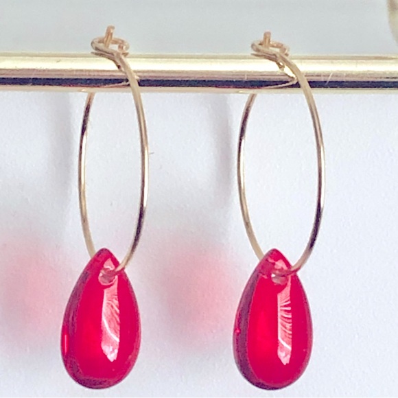 New Bright Red Pomegranate Seed Blood Drop Drip Unique Handmade Hoop Earrings - Picture 1 of 9